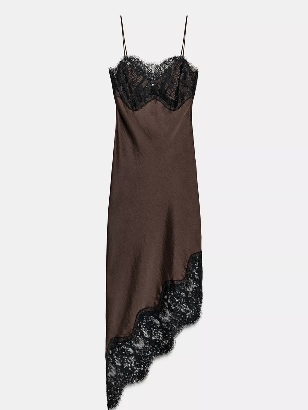 Zara Brown Satin Slip Dress with Black Lace Asymmetric Hem